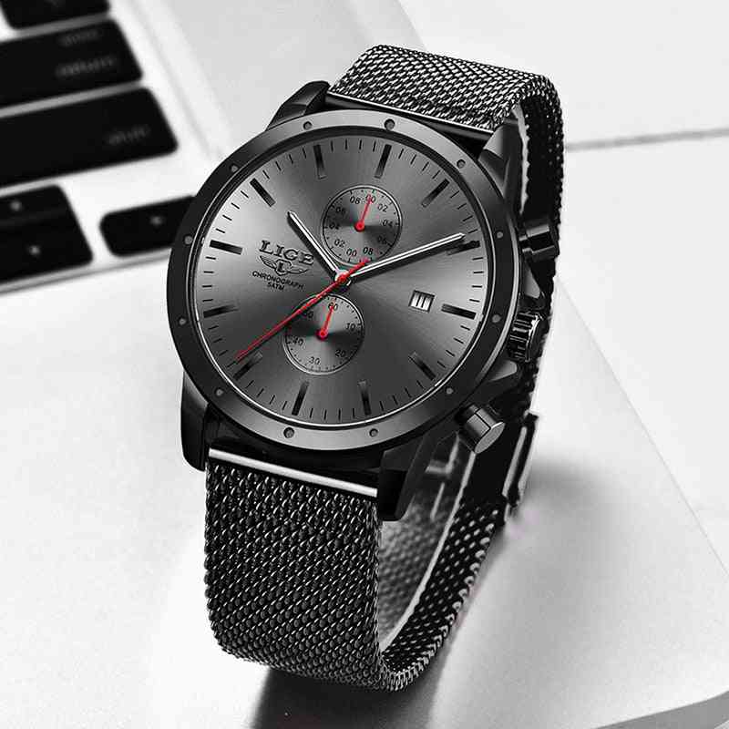 Mens Watches, Business Watch, Chronograph Full Steel, Waterproof, Analog Quartz Wristwatch, Male Clock+box