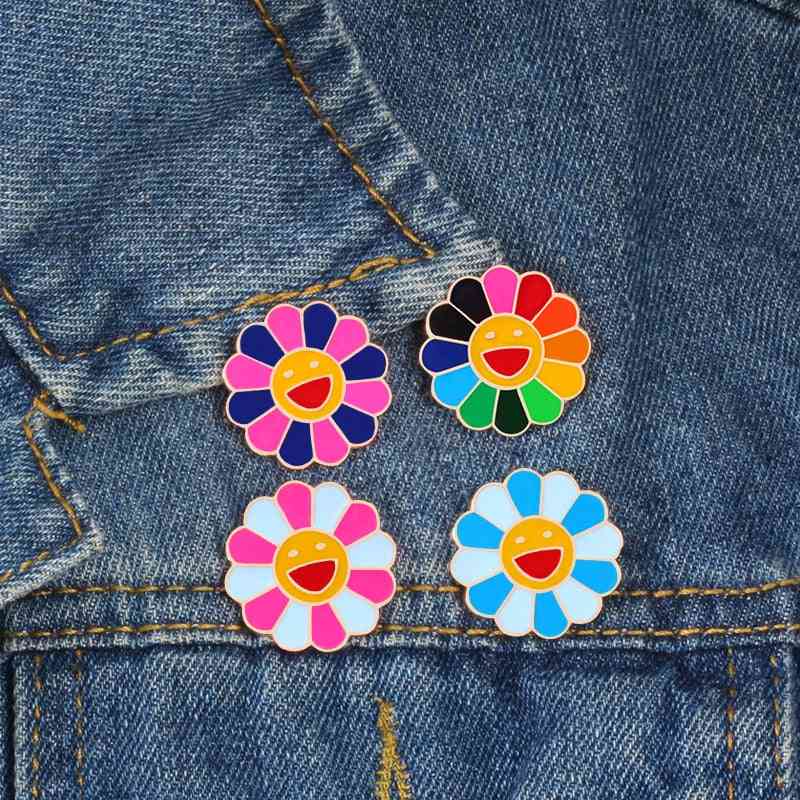 Rainbow Flower Enamel Pins Smiling Sunflower Brooches Badges,women