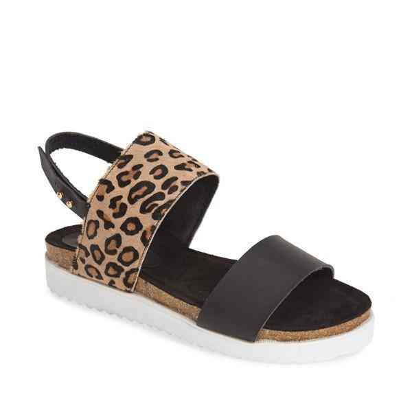 Pu Double-straps With Side Buckle, Calf Hair Leather Print, Sandal