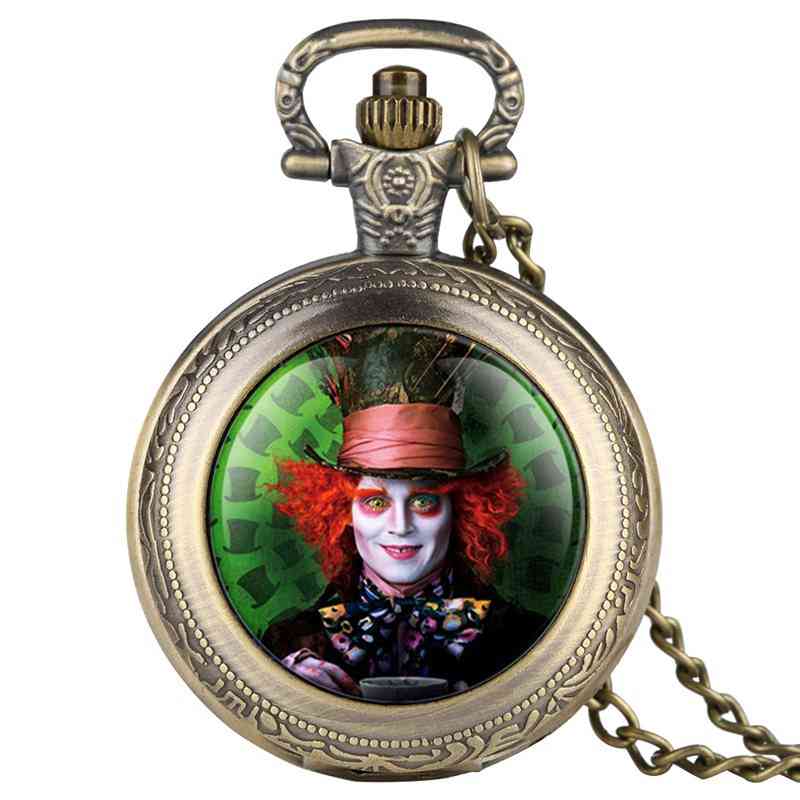 Alice in wonderland šialený klobúk králik drink me tag kremenné vreckové hodinky tmavohnedý sklenený náhrdelník s príveskom pre ženy
