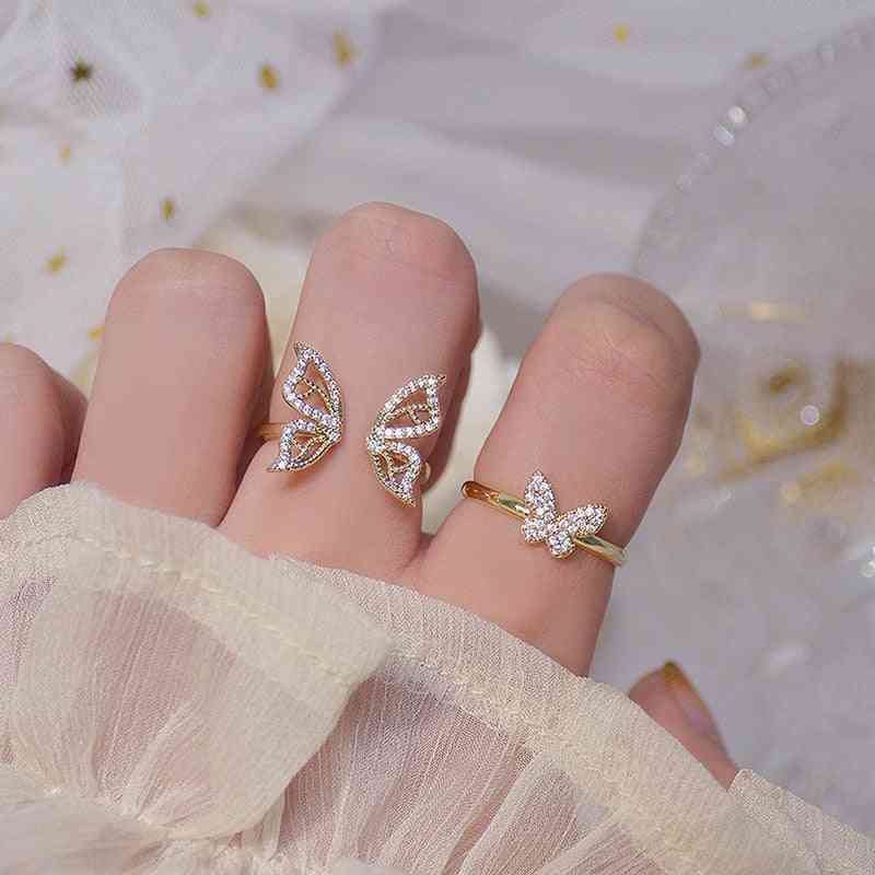 Zlatý dutý motýl cz prsten pro ženy, nastavitelný otevřený design, dlážděný zirkon, svatební šperky