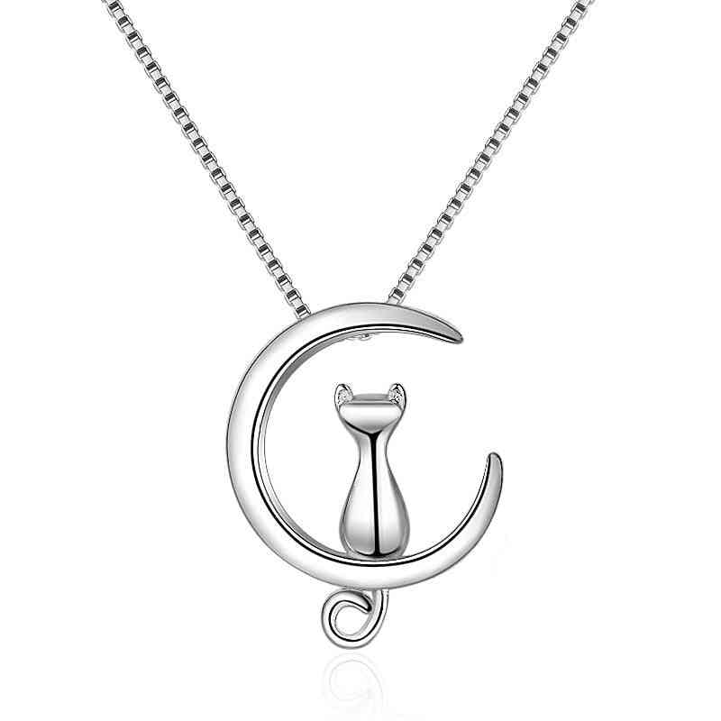 Sterling Silver Necklace, Moon Kitten, Cat Necklaces & Pendants Link Chain