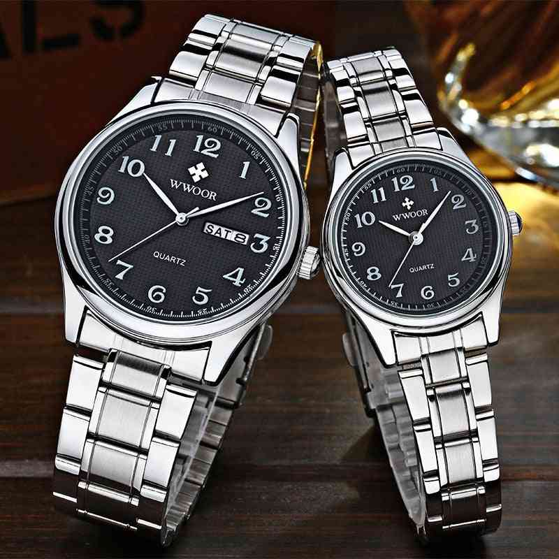 Silver Stainless Steel Couple Casual Quartz Wristwatch