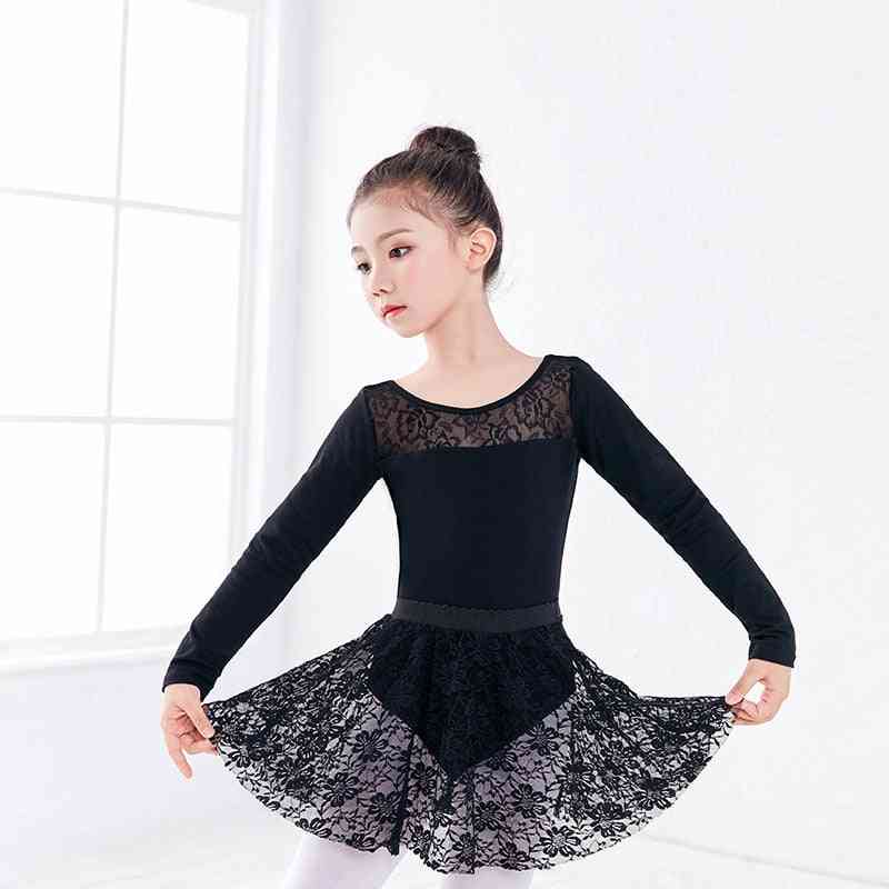 Long/short Sleeve Black Dance Leotard Lace Skirt Suit