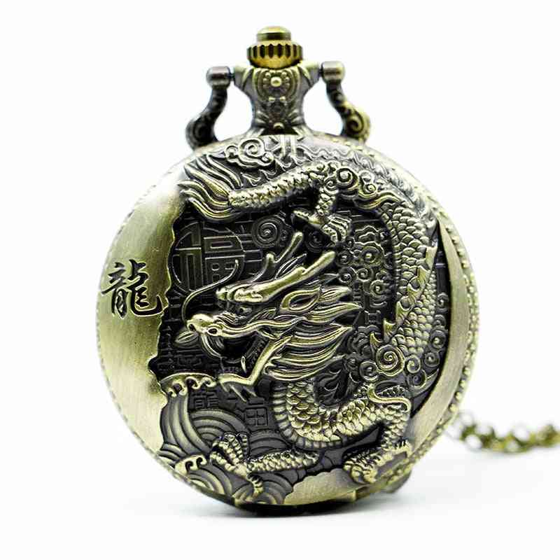 Vintage- Chinese Style, Dragon Design, Quartz Pocket Watch With Necklace Chain