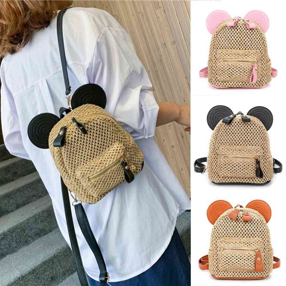 Patchwork Straw Woven Women Backpack