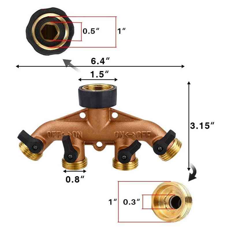 4-way Brass Garden Hose, Splitter Tap Adapter, Nozzle Switcher Connector With 4 Shut-off