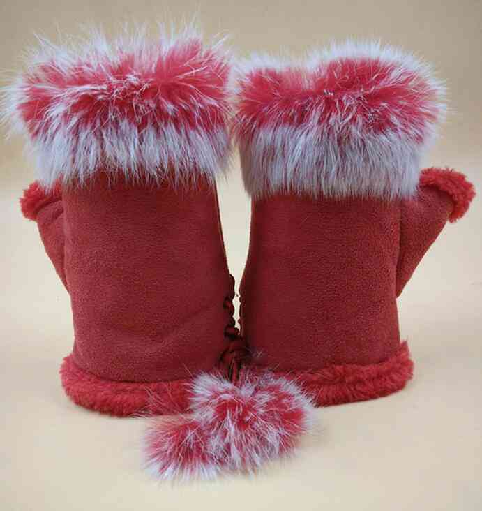 Winter Warm- Rabbit Hair, Fingerless Mittens, Suede Leather Gloves