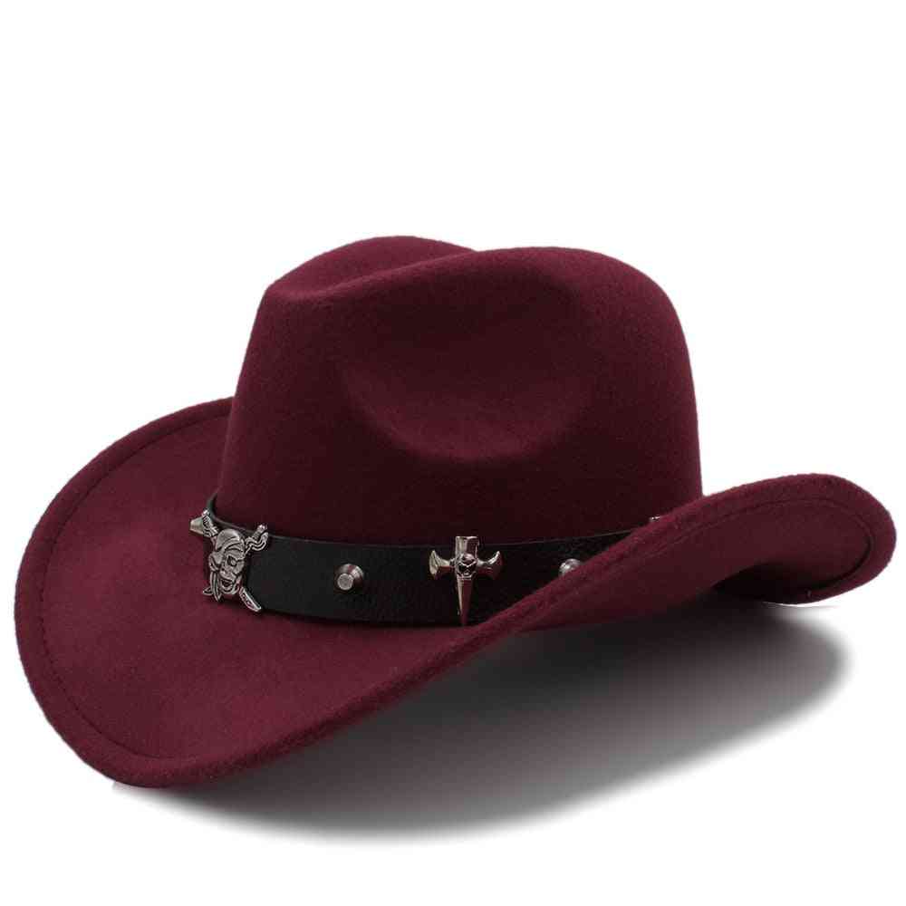 Dámský vlněný westernový kovbojský klobouk, kožená čepice na opasek