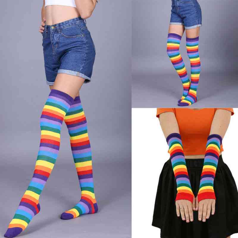 Women Rainbow Striped Stockings And Hand Gloves