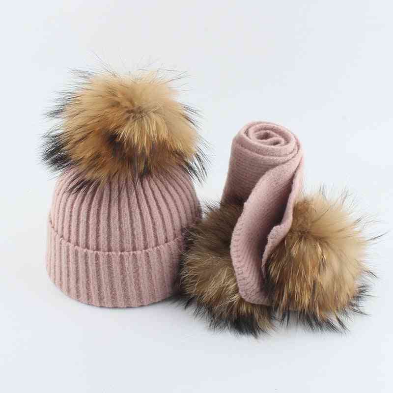 Winter Warm- Wool Knitted Beanie, Fur Hat And Scarf Set For,