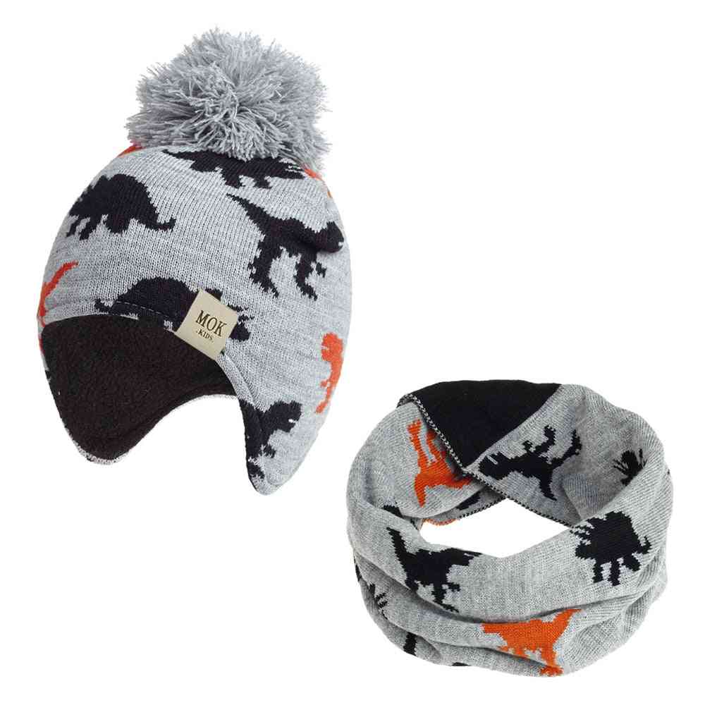 Winter- Cartoon Dinosaur, Earmuffs Hat & Scarf Set For,