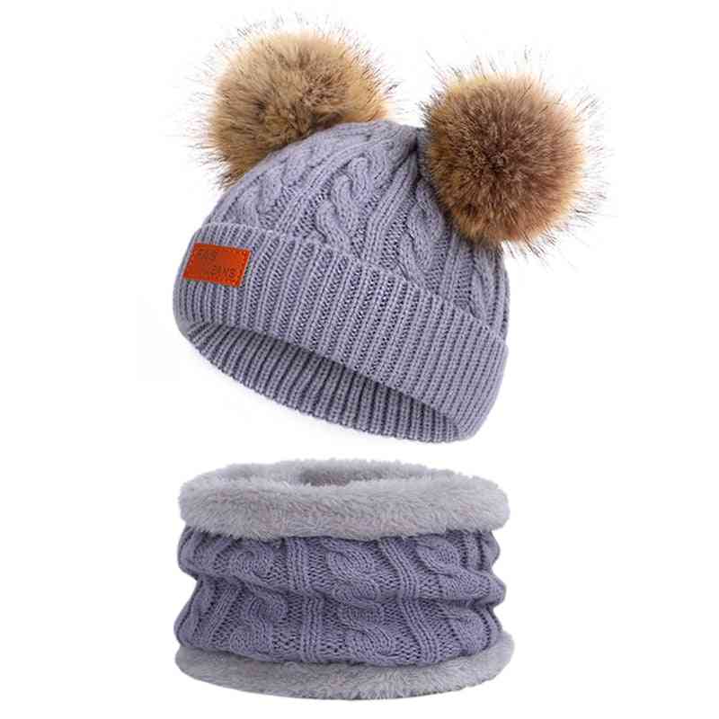 Baby Winter Hat Scarf Set, Double Fur Ball Cap