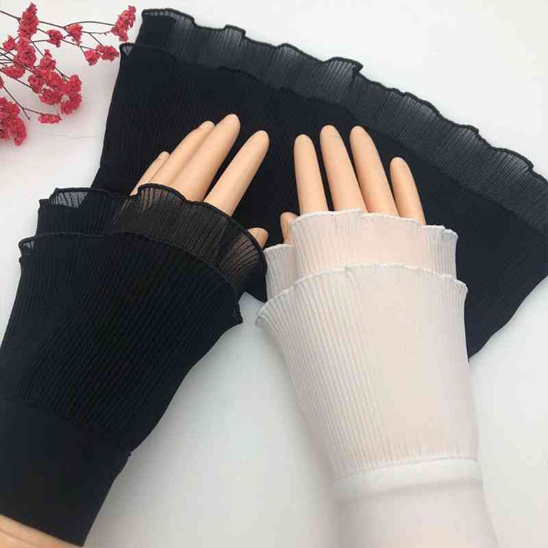 Women Ribbed Striped Cuffs Ruffles Wrist Warmer Gloves