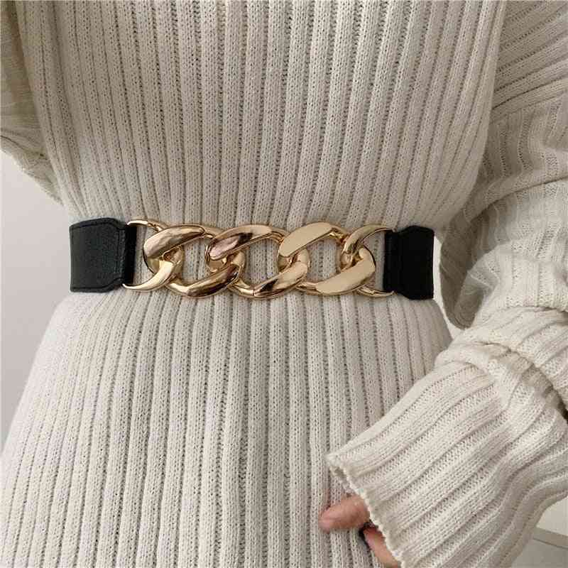 Women Elastic Designer Pu Thick Chain Waist Strap Belts