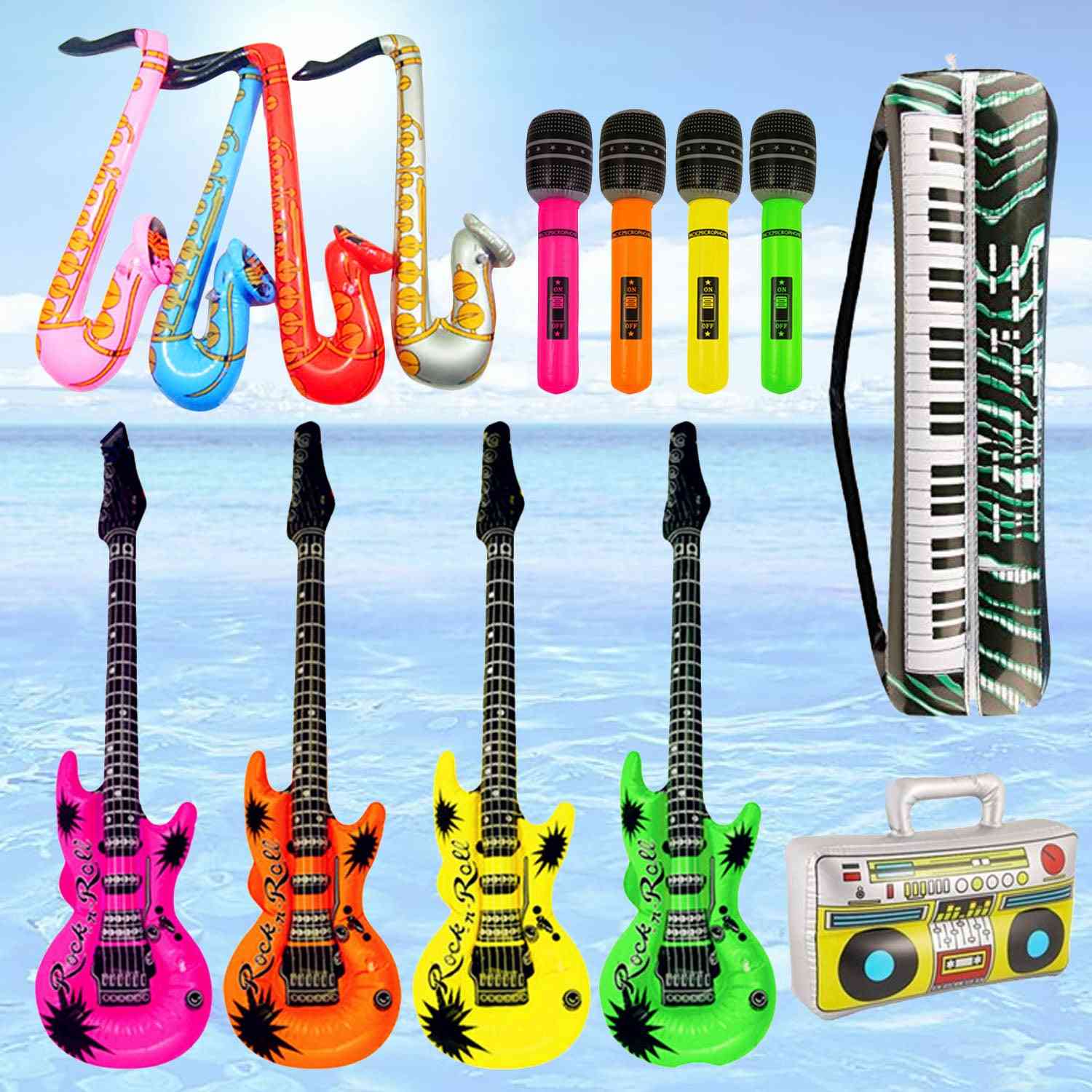 Felfújható gitár, szaxofon, mikrofon, billentyűzet, léggömb hangszerek játék úszómedencéhez, parti kiegészítők