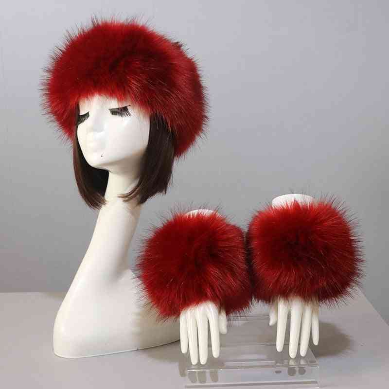 One Set Women Faux Fox Fur Cuffs + Headband Winter Warmer Hat Arm Wrist Sleeve Gloves