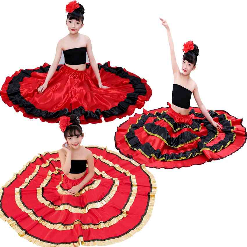 Traditionell flamenco- satin slät, magdans, kostymer swing kjol för