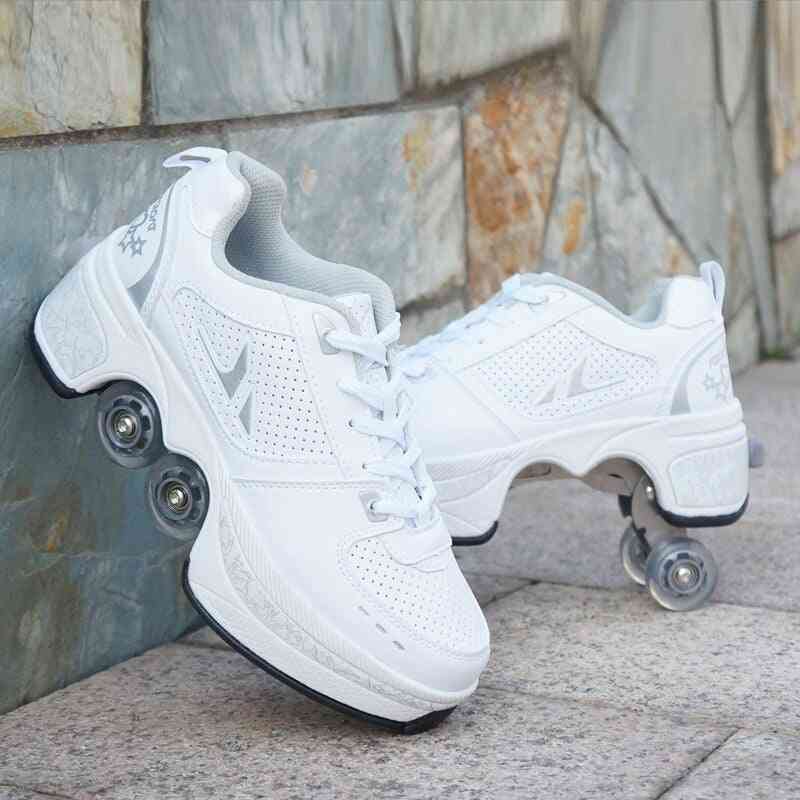 Leather 4 Wheels Double Line Roller Skates Shoes - White