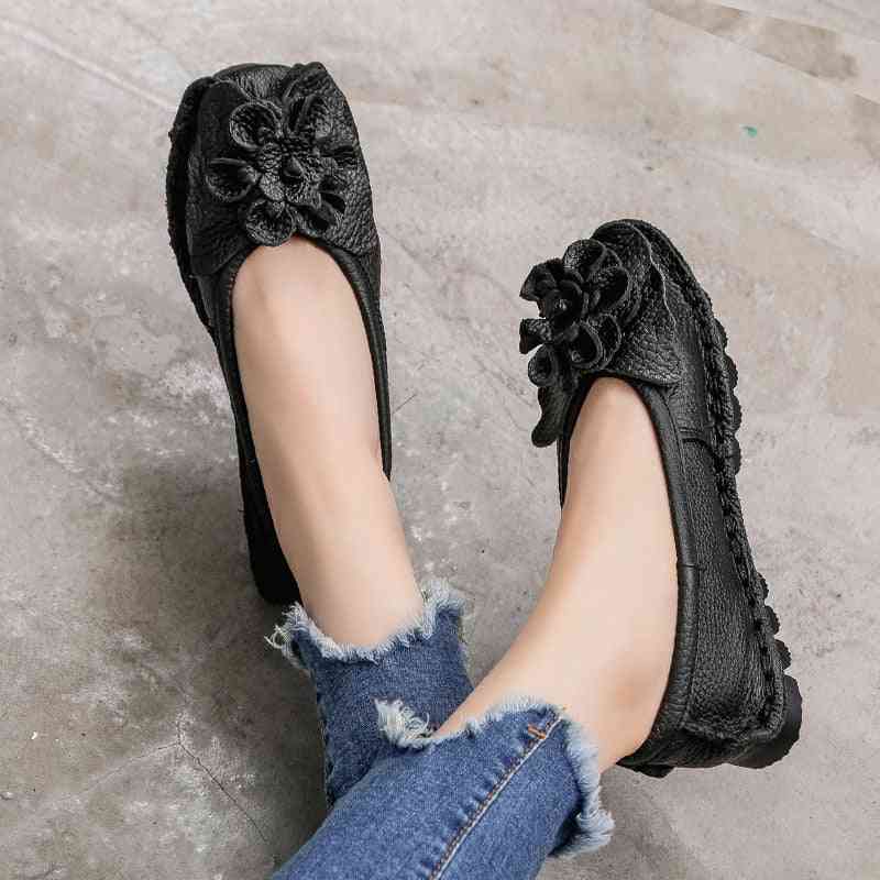 Soft Genuine Leather With Flowers Flat Women Shoes