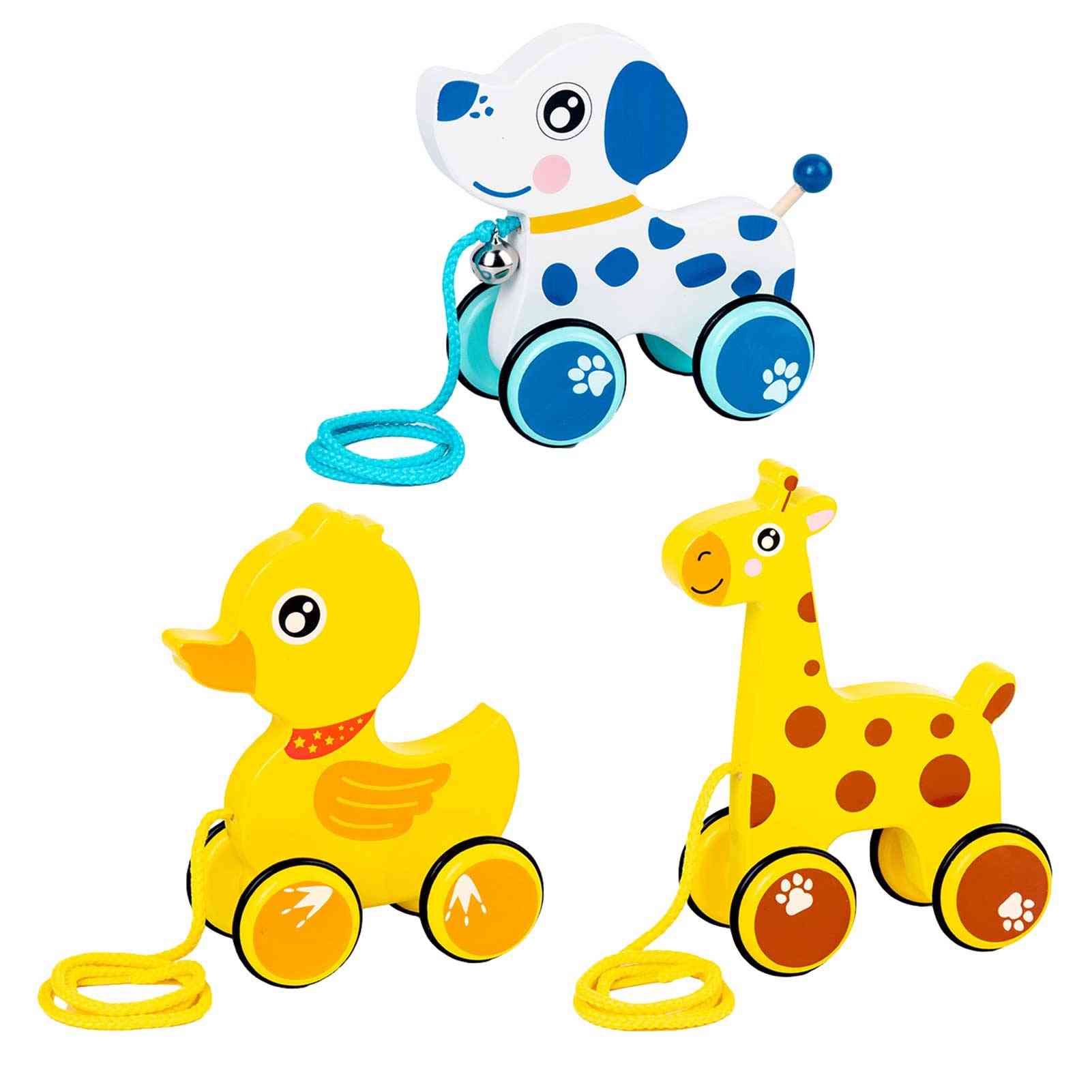 Cute Cartoon- Duck, Dog, Giraffe Drag, Car Wooden Animal, Rope For Baby