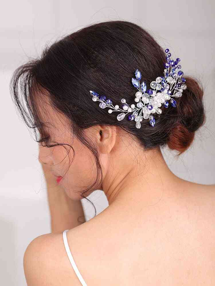 Mode blå bröllop strass hår kam kristall huvudbonader