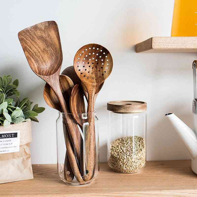 Teak Natural Wood- Tableware Colander, Soup Skimmer, Cooking Kitchen Spoon
