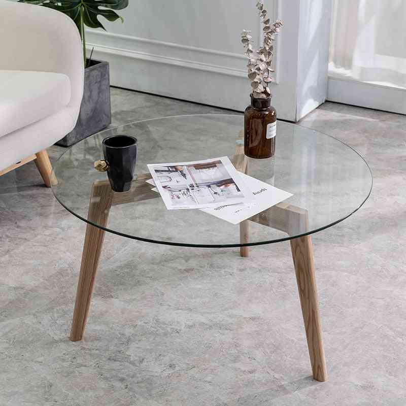 Creative Mirror Round Table Tempered Glass Coffee Sofa Side End With Solid Wood Legs