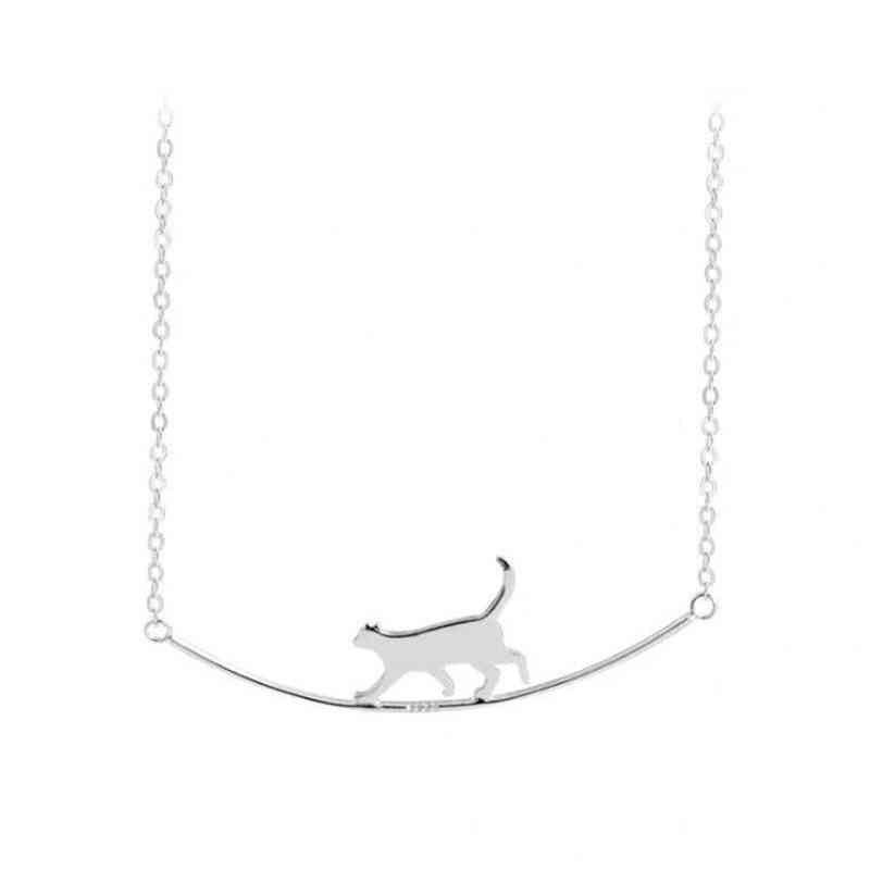 Cat Curved Simple Personality Sterling Silver Jewelry, Cute Animal Walking Clavicle Chain Necklaces