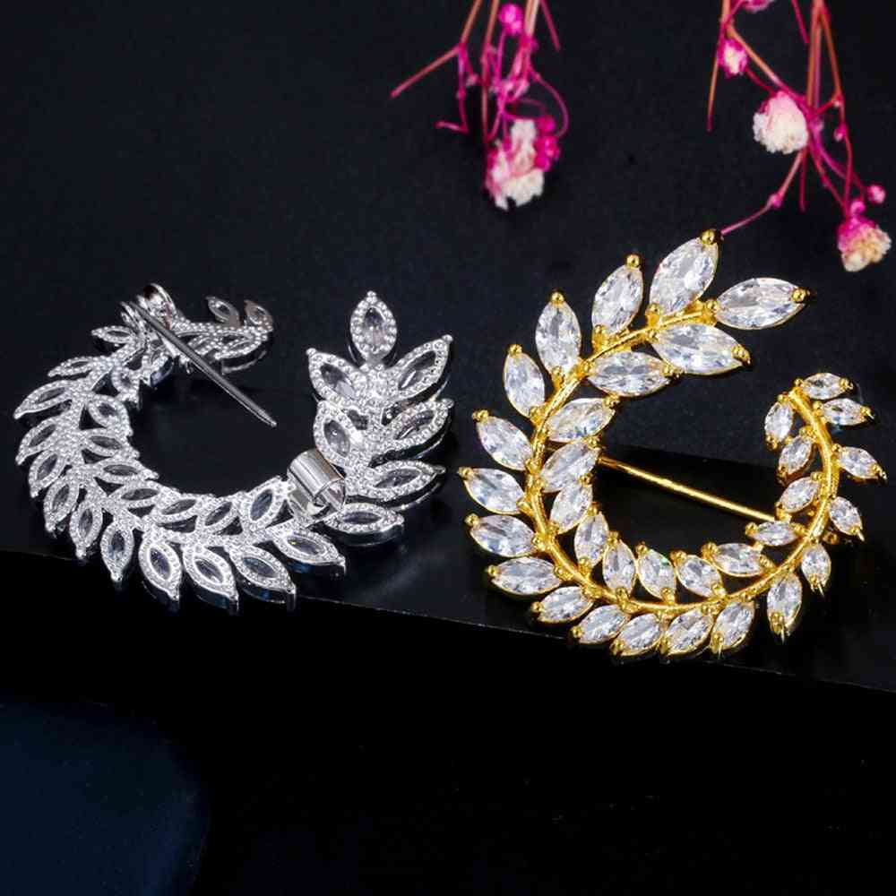 Shiny Olive Branch Leaf, Cz Crystal Banquet Brooches For Women Scarf, Buckle Jewelry Accessories