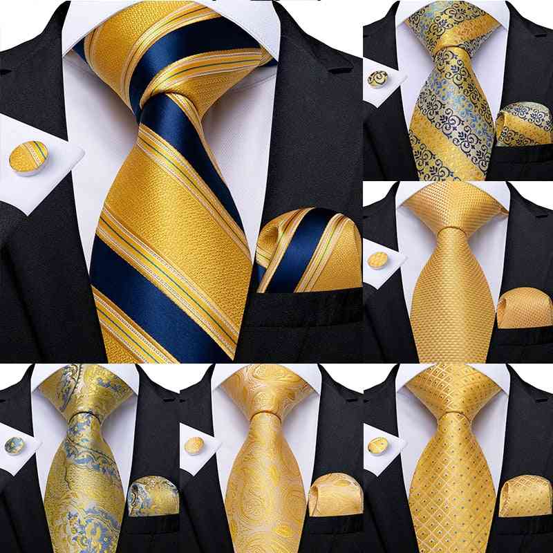 Fashion Men Tie Luxury Yellow Blue Striped Paisley Plaid Silk Wedding Tie Dibangu Designer Hanky Cufflinks Tie Set