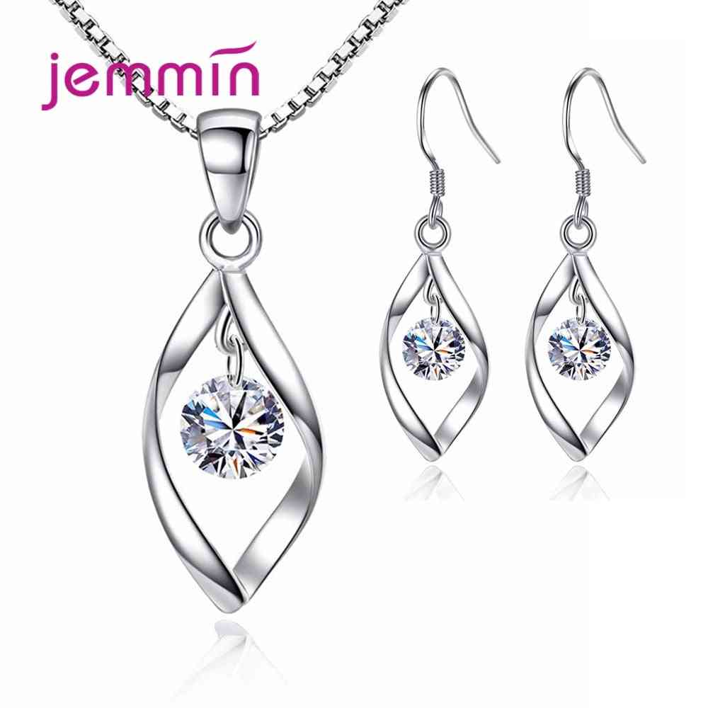 Sterling Silver Crystal Pendant Necklace Drop Earrings Bridal Jewelry Sets