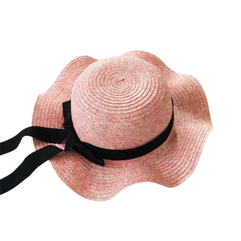 Girls Summer Cap Black Ribbon Decorate Straw Hat For