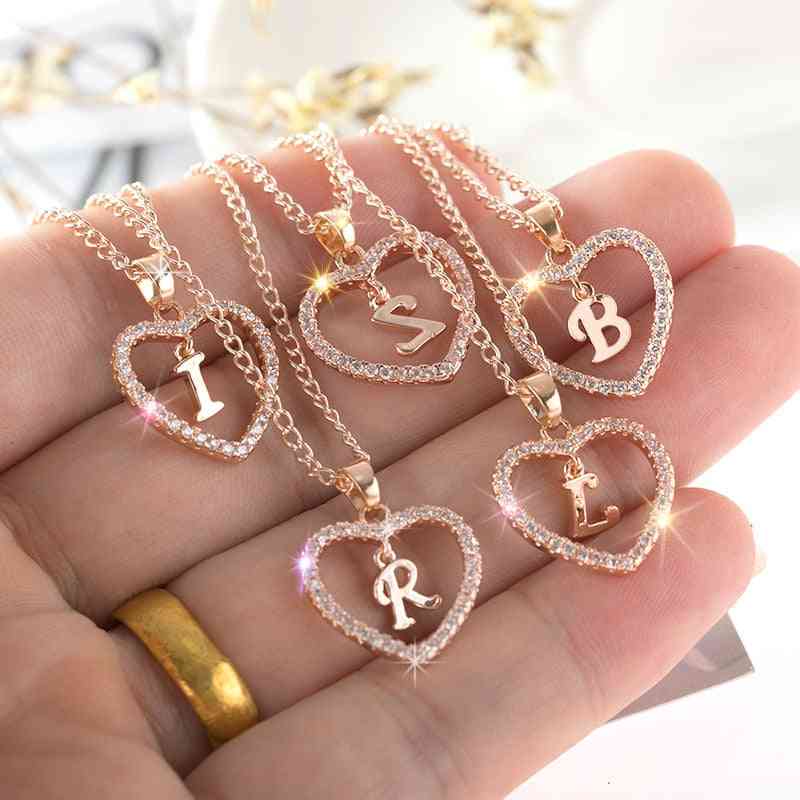 Name Initials- Heart Pendant, 26 Letters Zircon, Love Necklaces