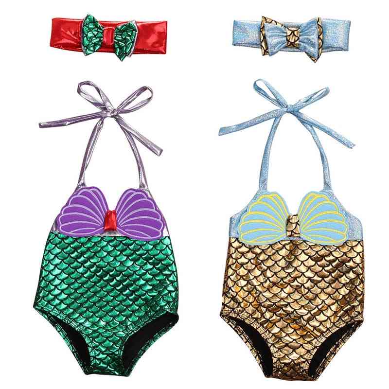 Mermaid Cute Bikinis, Headwear Bow, Baby Swimming Set