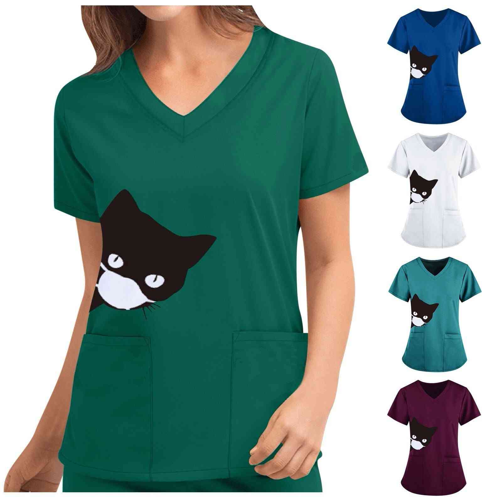 Cat Print, Unisex Pocket Blouse Nurse Uniform