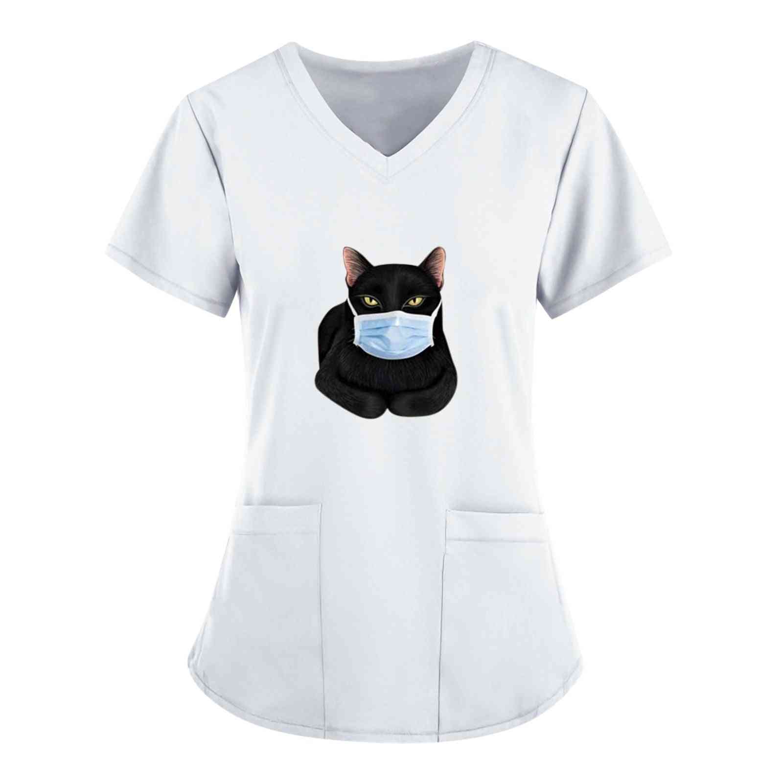 Black Cat Print Nursing Scrubs Tops