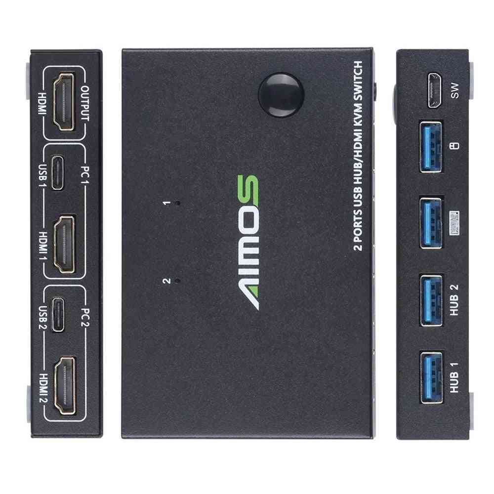 2 In 1 Out 4k Usb Hdmi Kvm Switch Box For 2 Pc Sharing Keyboard Mouse Printer Plug Paly Video Display Usb Swltch Splitter