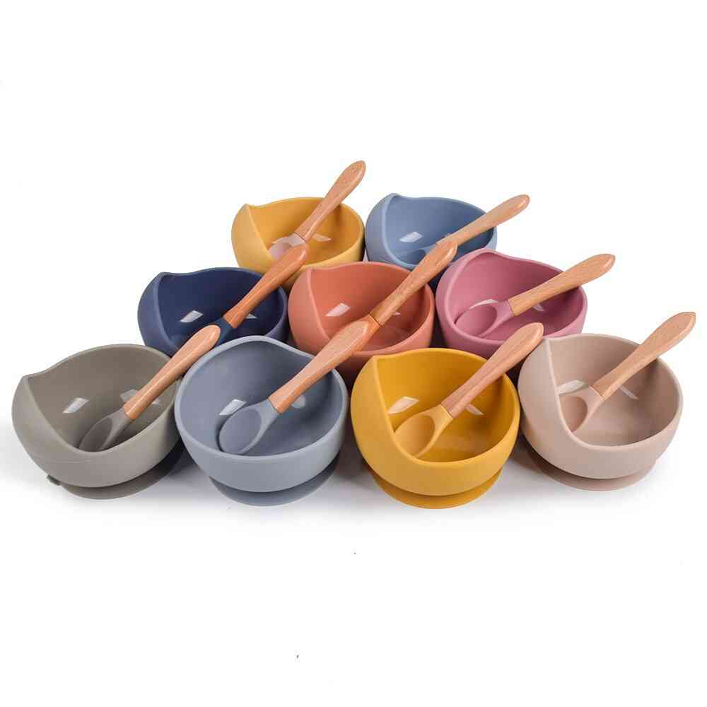 Baby Silicone Non-slip, Wooden Tableware Handle, Spoon Cup, Bowl Set