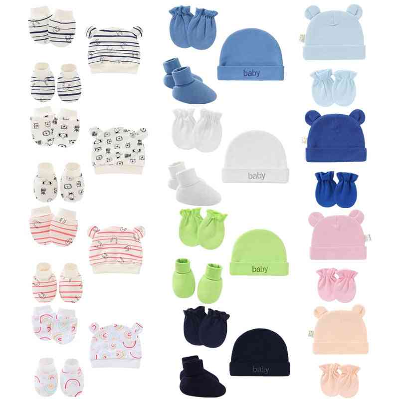 Cotton Baby Gloves Soft Anti Scratching Newborn Mittens+ Hat+foot Cover Set