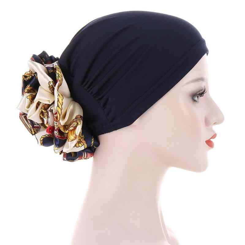 Stretchy Satin Flower Turban Bonnet Muslim Under Hijab Caps