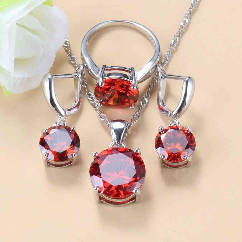 Round Red Garnet Bridal Jewelry Sets - Silver Necklace - Wedding Accessories Zircon Earrings And Necklace Sets