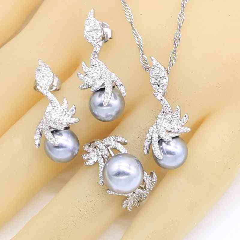 White Pearl Silver Jewelry Sets - Necklace Pendant Stud Earrings Rings