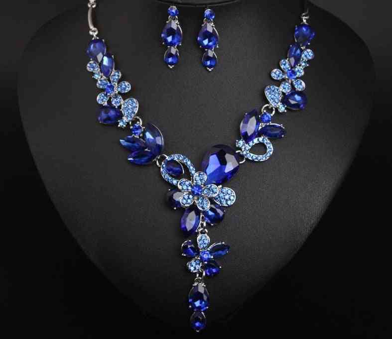 Luxury Big Blue Water Drop Flower Crystal Bridal Jewelry Sets For Women