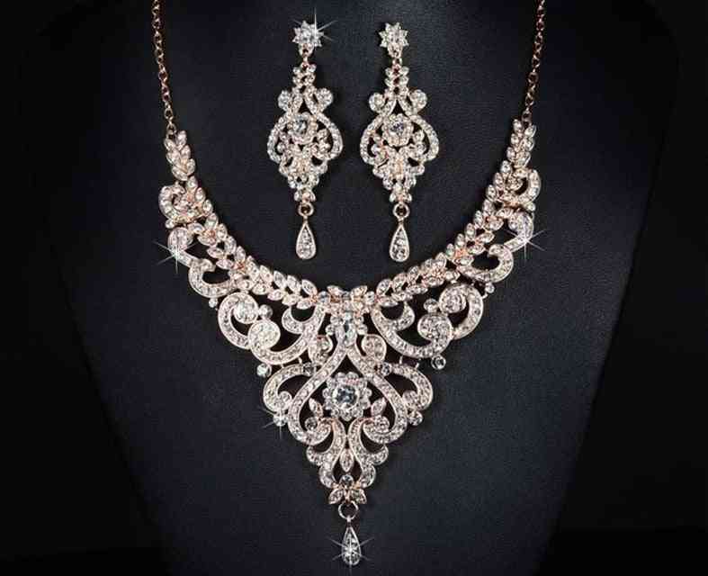 Rose Gold Color Bridal Jewelry Sets, Crystal Necklace Earring Sets