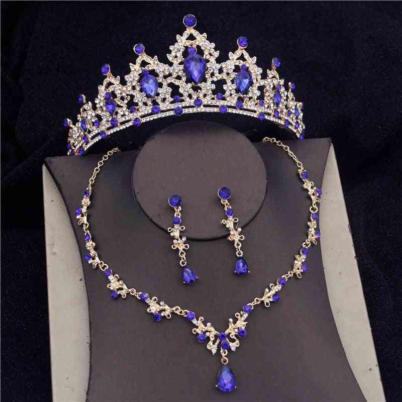 Blue Rhinestone Crystal Bridal Jewelry Sets, Bride Crown Wedding Necklace Set