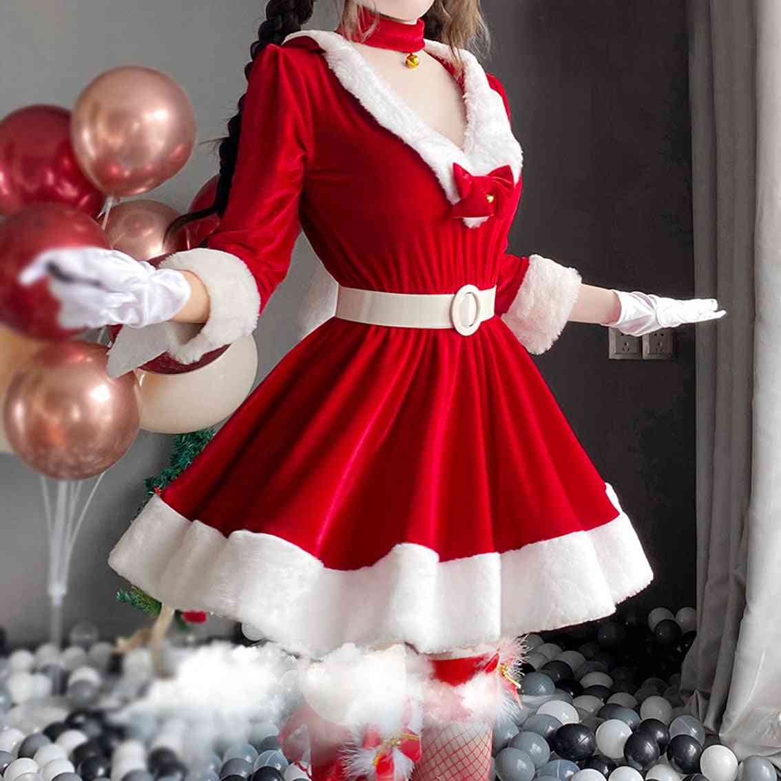 Christmas Lady Costume Sexy Lingerie Winter Long Sleeve Red Dress
