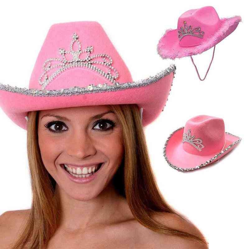 Rhinestone Crown Feather Panama Pink Cowboy Cowgirl Hat
