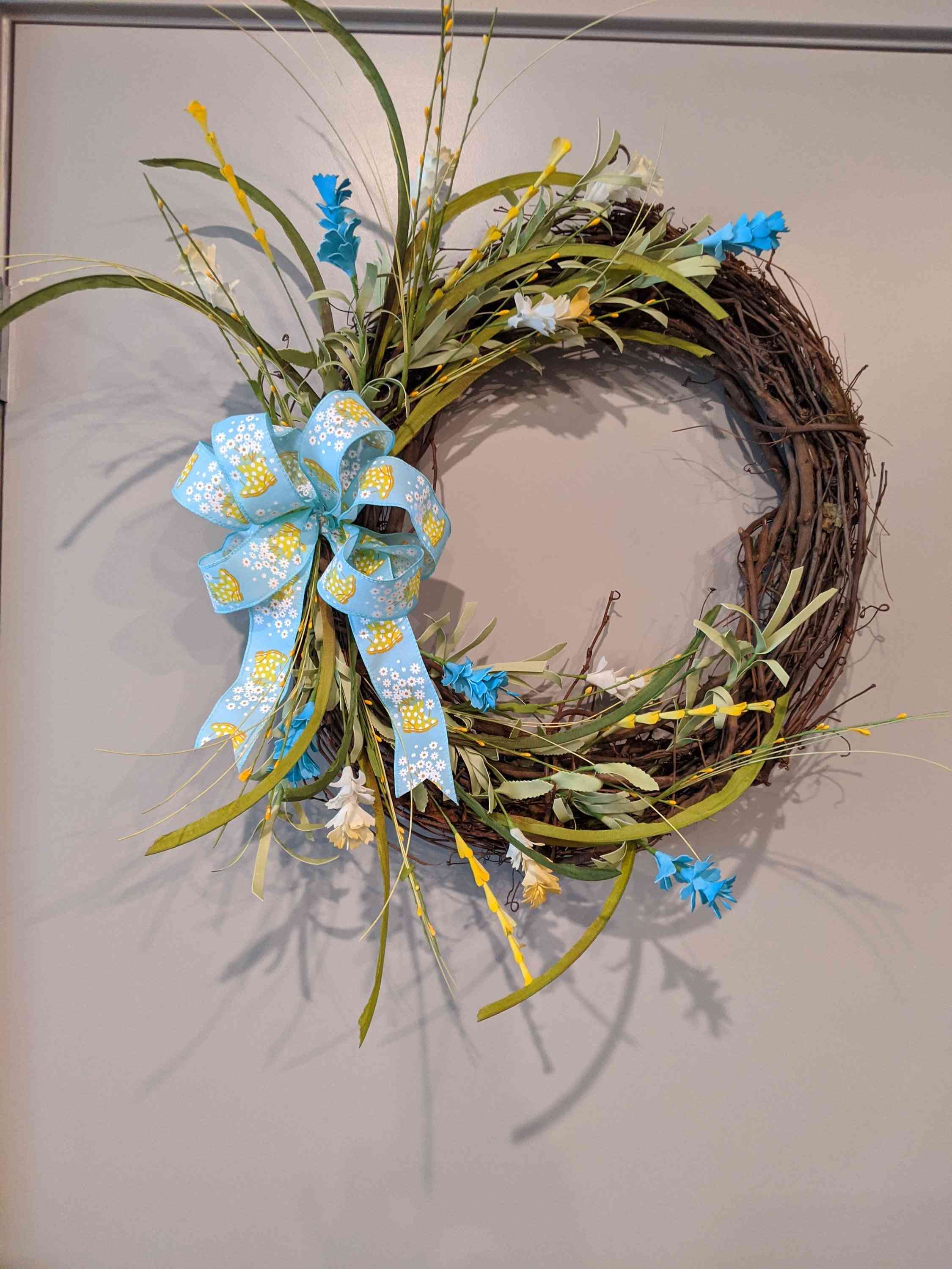 Handmade Grapevine Wreath With Rainboot/floral Ribbon
