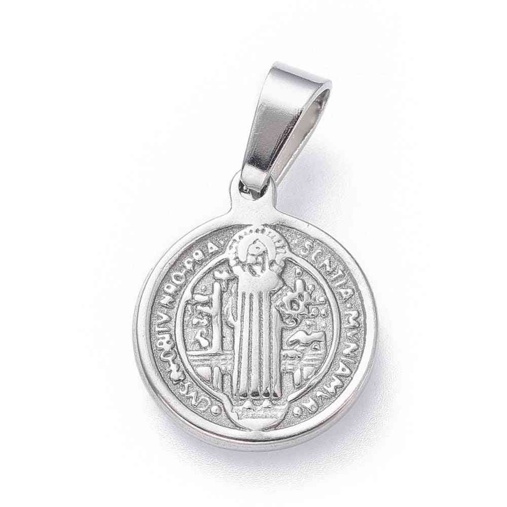 Stainless Steel Pendants Religion Flat Round With Saint Benedict For Jewelry